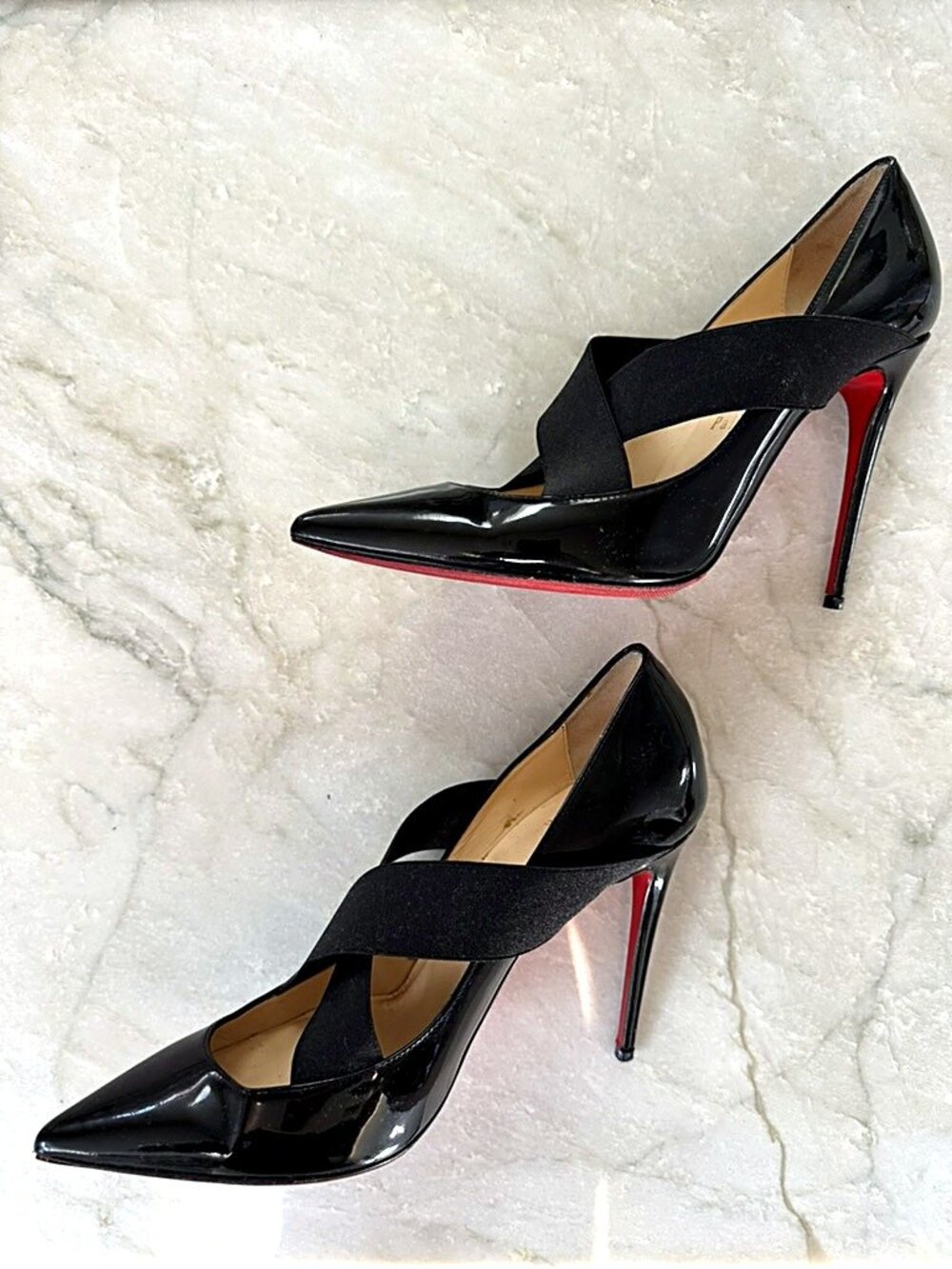 Christian Louboutin Sharpstagram 100 Black Patent Cross Strap Pumps Size 37